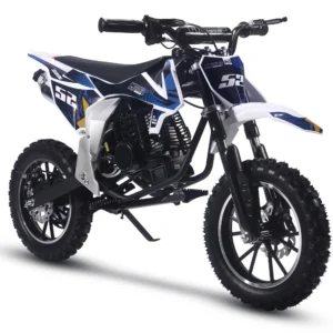 Blue and white mini dirt bike