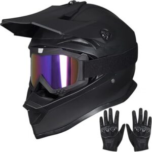 Matte black motorcycle helmet with iridescent goggles