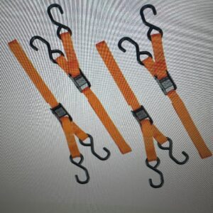 Orange tie-down straps with black hooks